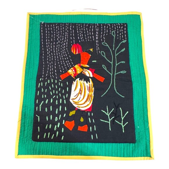 Handmade Fiber Art Quilt The Woman Is Walking And It Is Raining Marion Schmoda - Picture 1 of 6